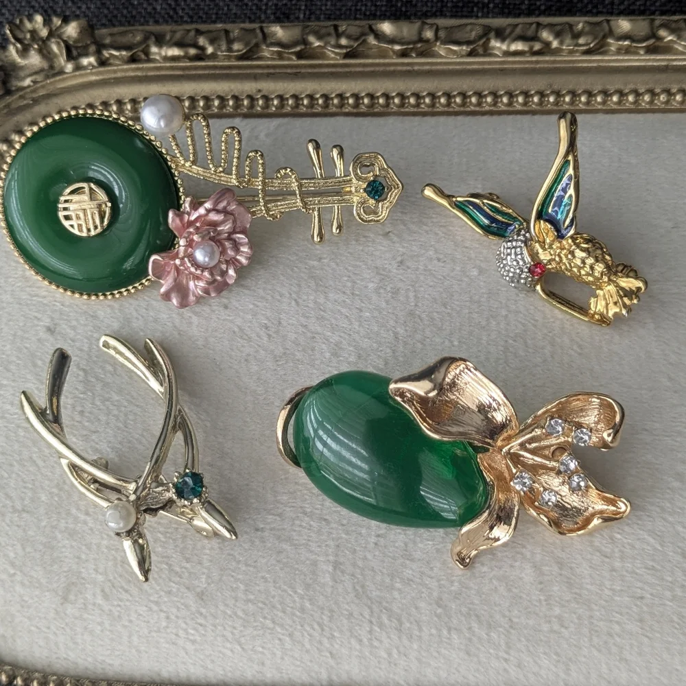 Gold Tone Brooch Lot of 4 Birds Floral Green Cabochon Rhinestone Pins